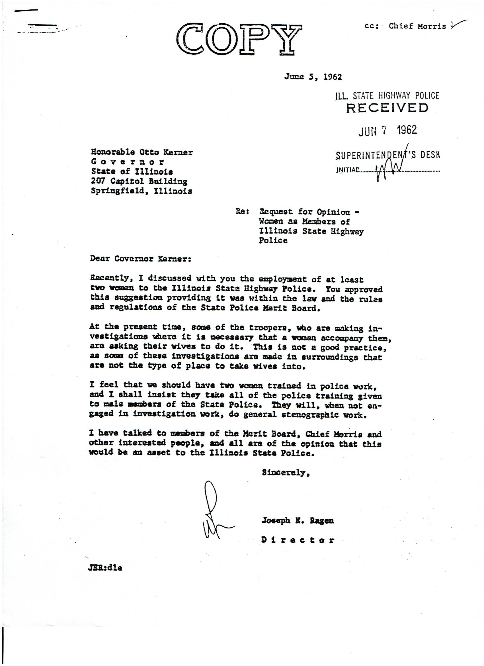 Letter to Then Governor Kerner Regarding Female Officers in ISP